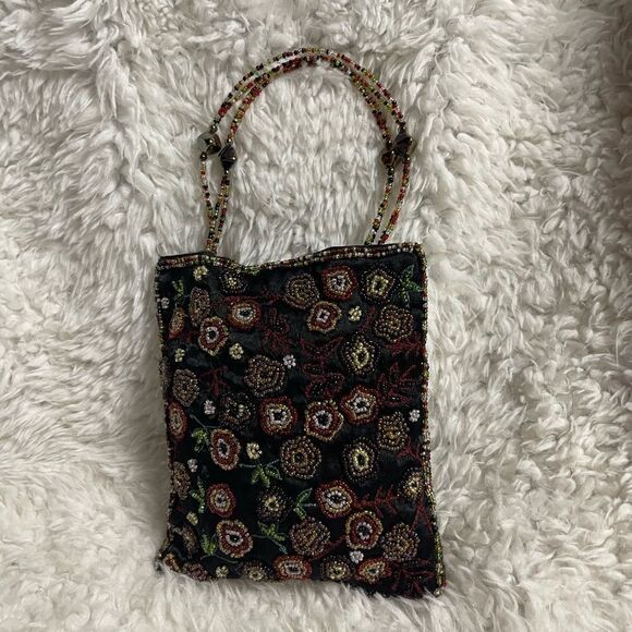 Christian Livingston Collection  black  beaded multi color embroidery handbag - Picture 1 of 9